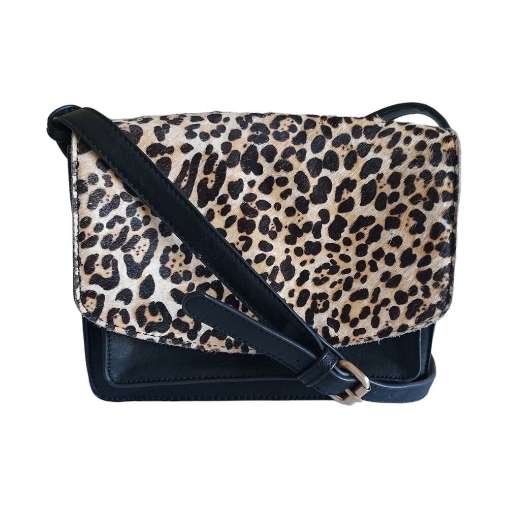 Sole Society Calf Hair Leopard Print Vegan Black Leather Crossbody Handbag Purse